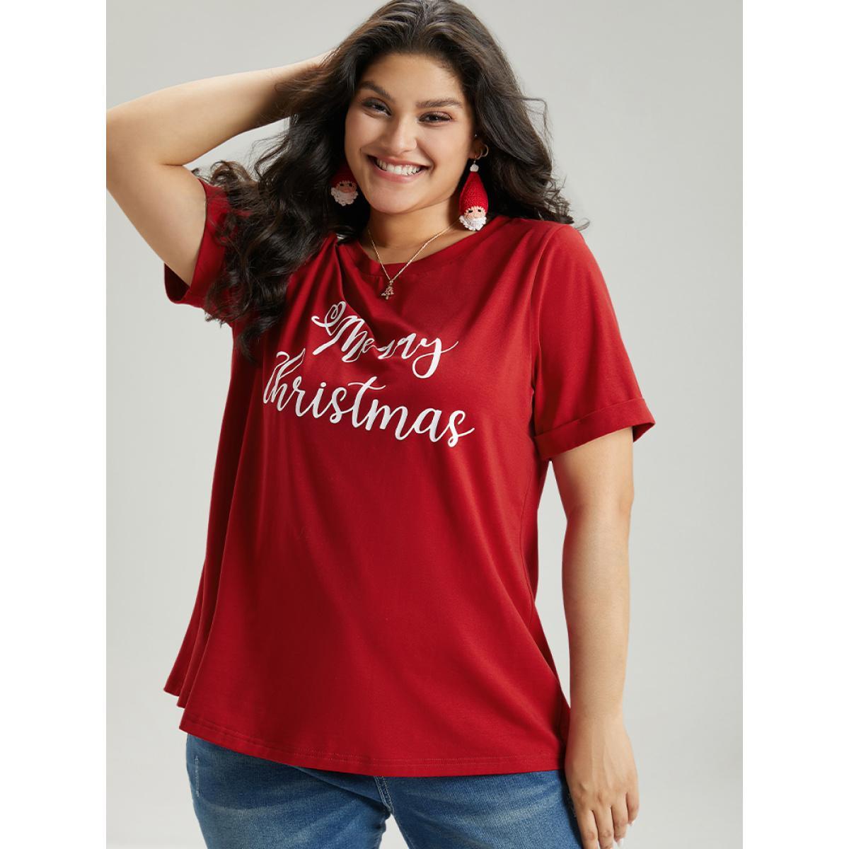 Plus Size Christmas Print Round Neck T-shirt Red Women Casual Printed Christmas Festival-Christmas T-shirts BloomChic 12/L Product Image