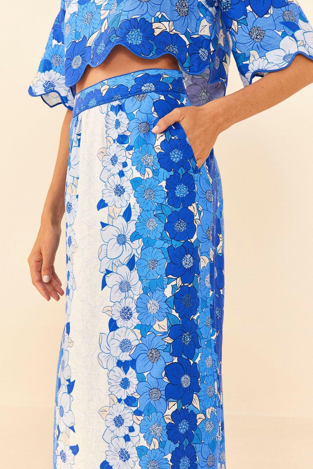 Blue Flower Stripes Midi Skirt Product Image