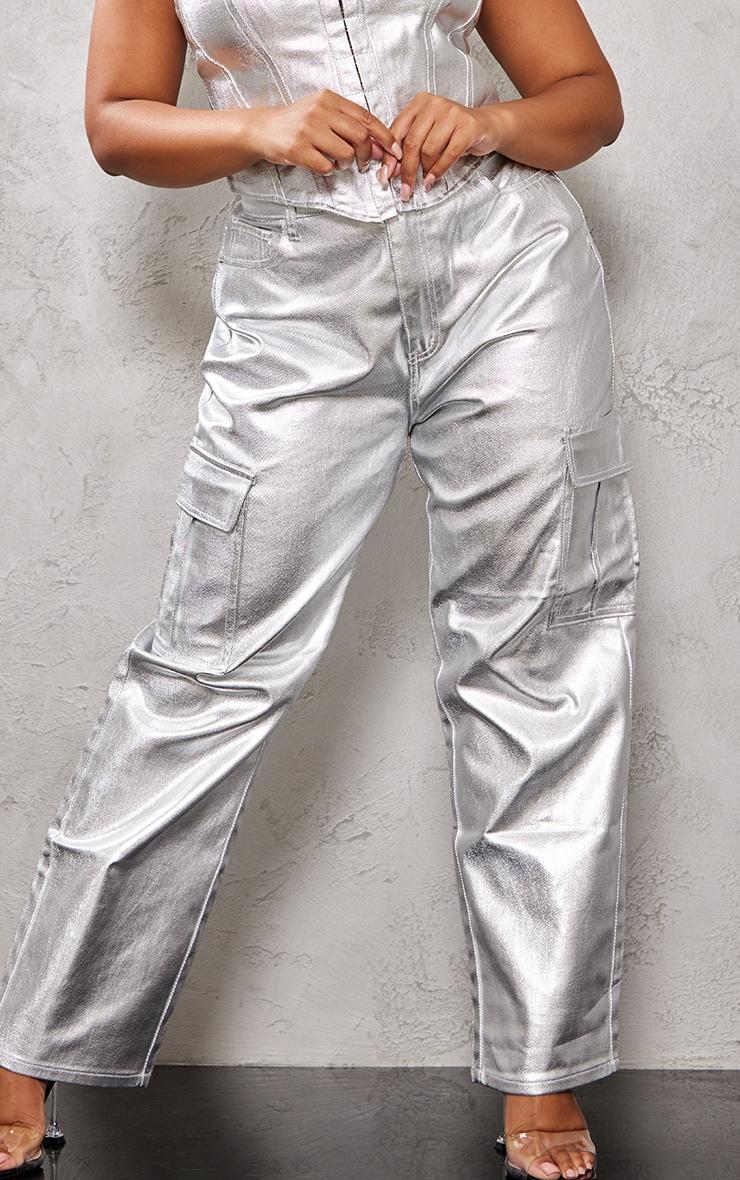 Plus Metallic Coated Denim Cargo Jeans Product Image