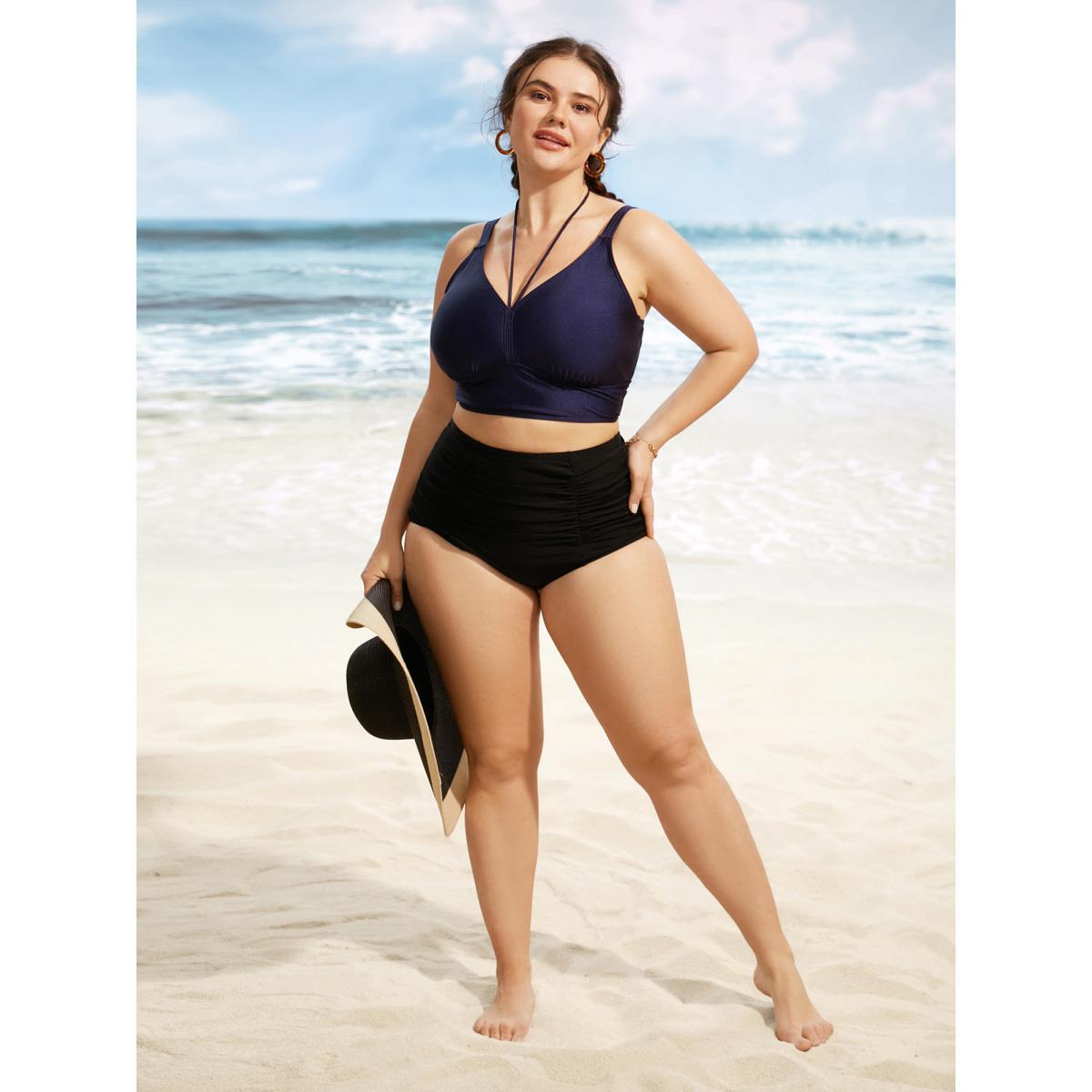 Plus Size Solid V Neck Tie Knot Adjustable Straps Swim Top Women's Swimwear Indigo Beach Tie knot High stretch Skinny V-neck Curve Swim Tops BloomChic 10/M Product Image