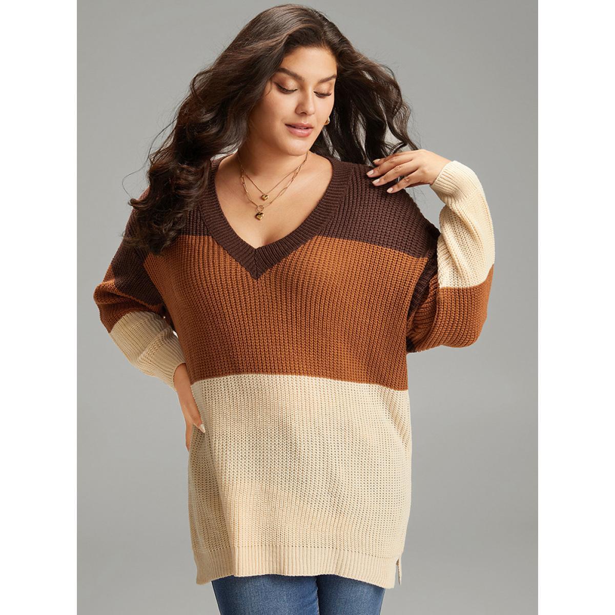 Plus Size Colorblock Patchwork Split Side Drop Shoulder Pullover Multicolor Women Casual Loose Long Sleeve V-neck Dailywear Pullovers BloomChic 22-24/3X Product Image