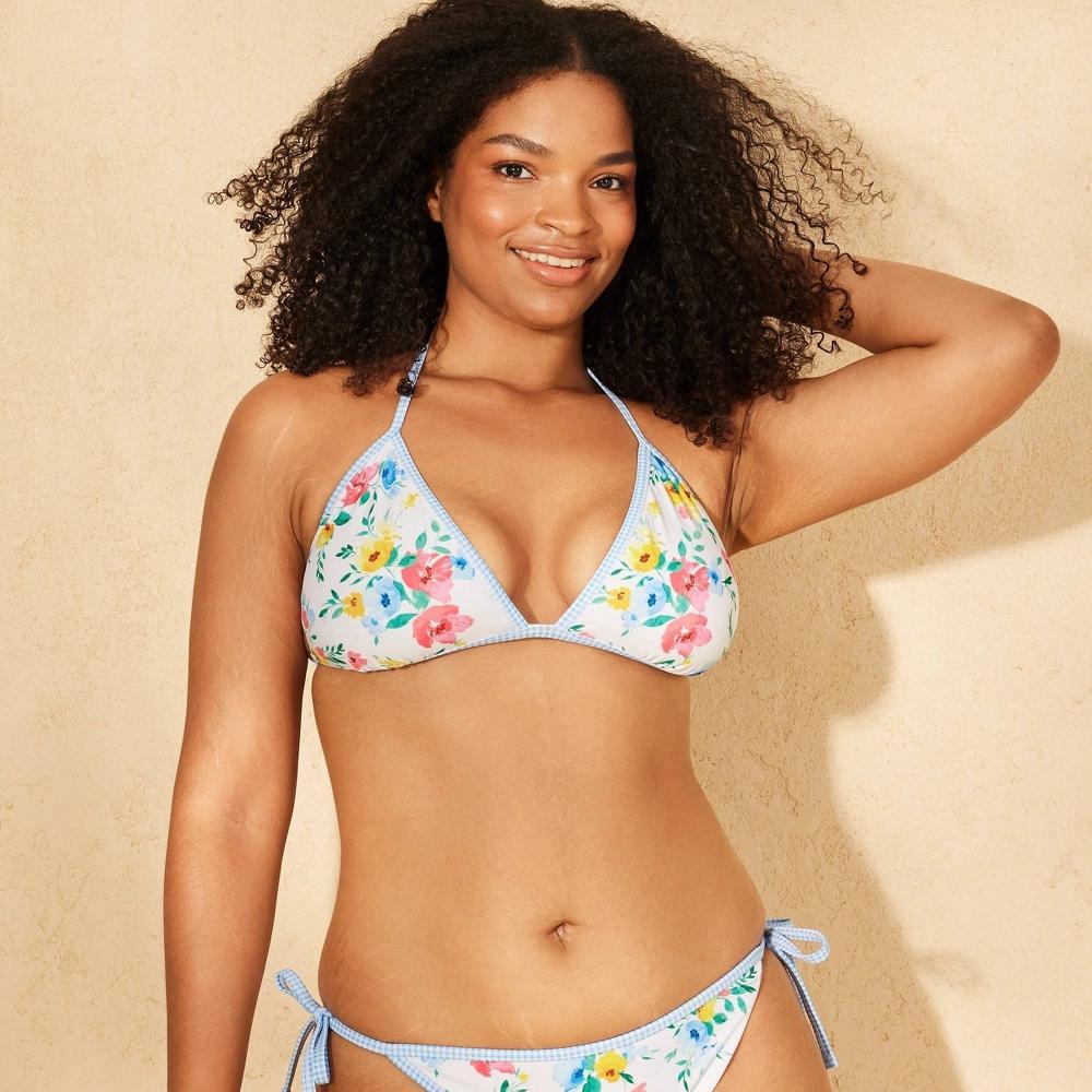 Womens Contrast Binding Fixed Triangle Bikini Top - Wild Fable Blue Floral Print L Product Image