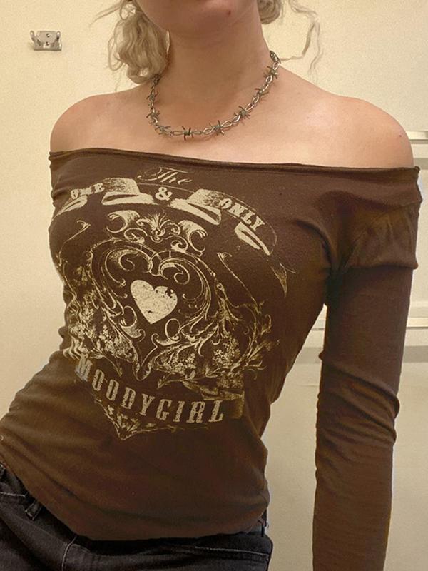Vintage Heart Print Off Shoulder Long Sleeve Tee Product Image
