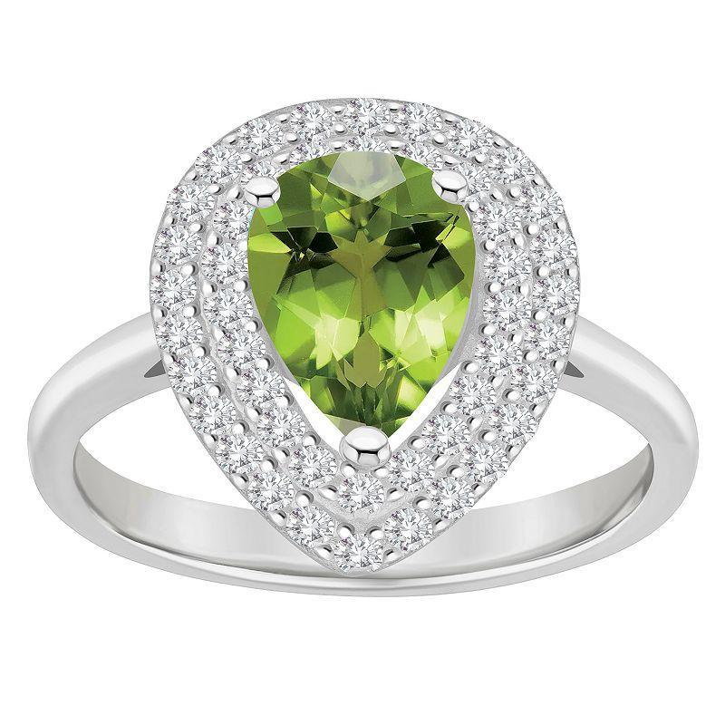 Celebration Gems Sterling Silver Teardrop Peridot & White Topaz Double Halo Ring, Womens Product Image