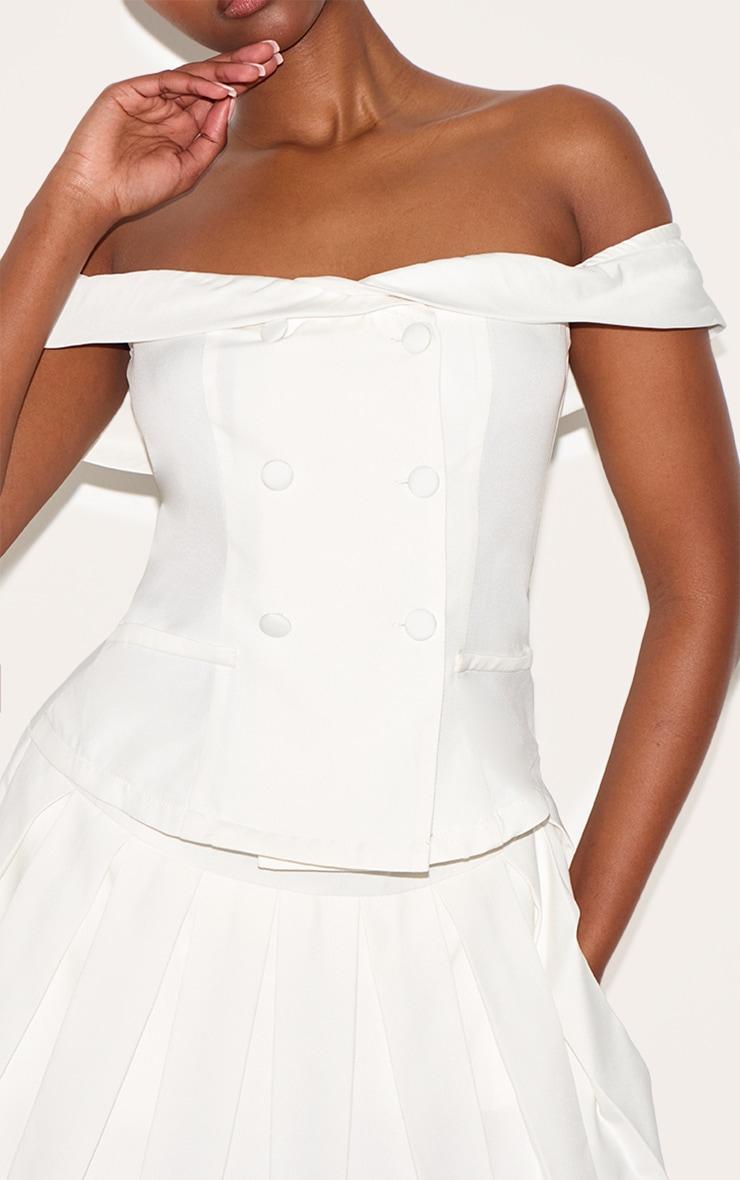 White Tailored Button Detail Bardot Pleated Skort Romper Product Image
