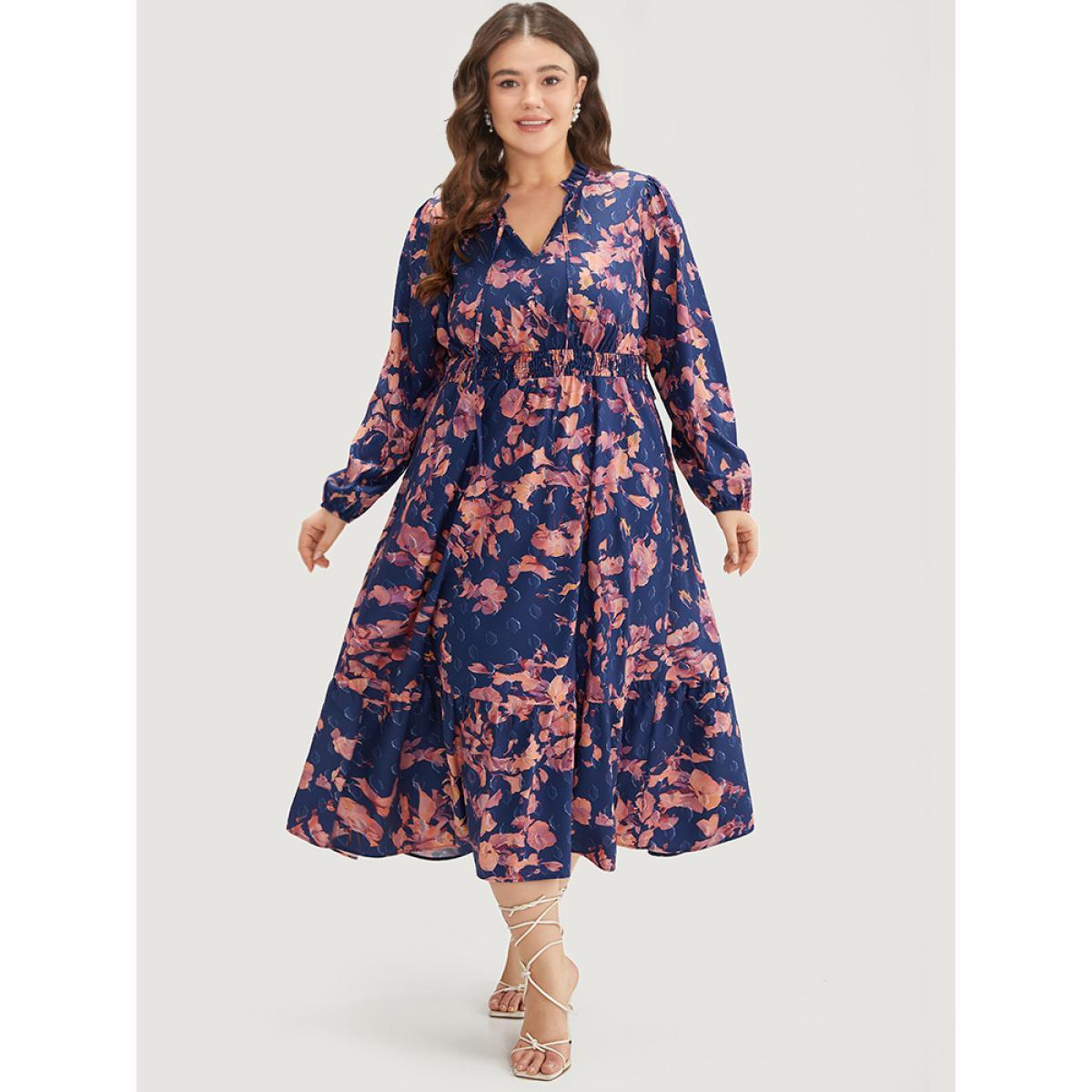 Plus Size Floral Print Shirred Frill Trim Ties Dress DarkBlue Women Elegant Elastic cuffs Tie Neck Long Sleeve Curvy Midi Dress BloomChic 10/M Product Image