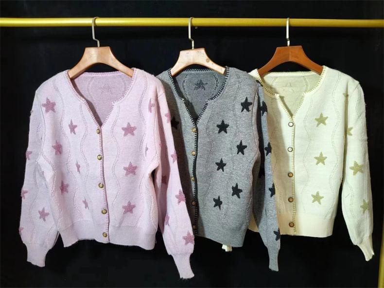 Round Neck Star Print Button Cropped Cardigan Product Image