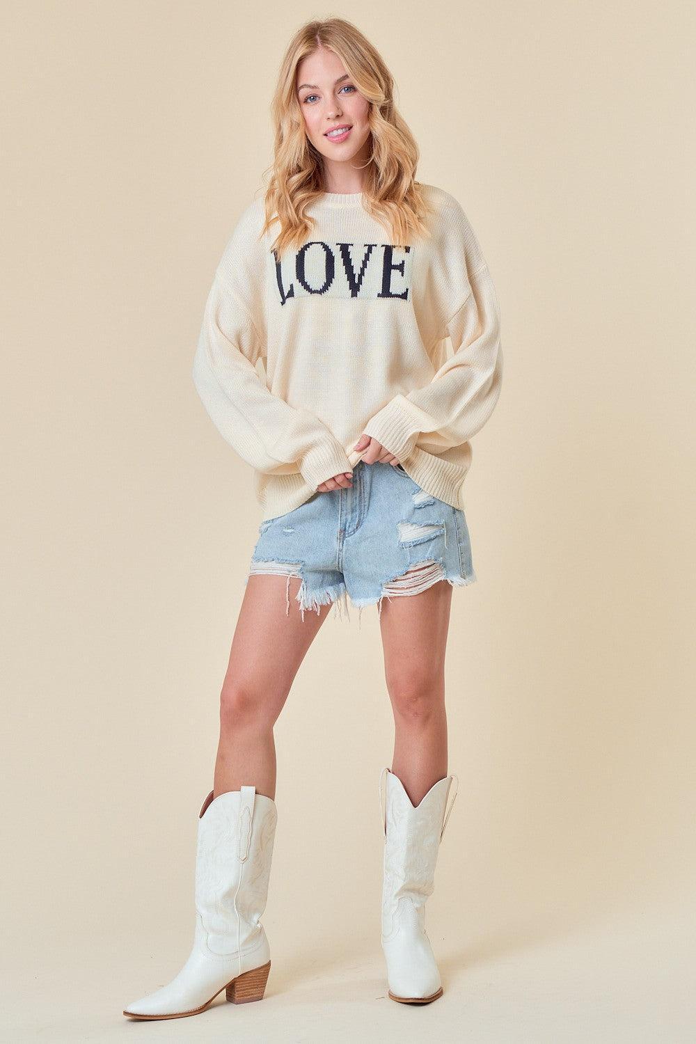 Love Embroidery Long Sleeve Sweater Top Product Image