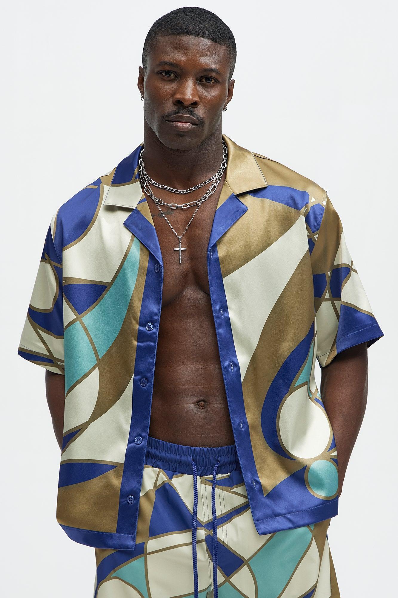 Geometric Paneled Cuban Collar Button Up Shirt - Multi Color Product Image