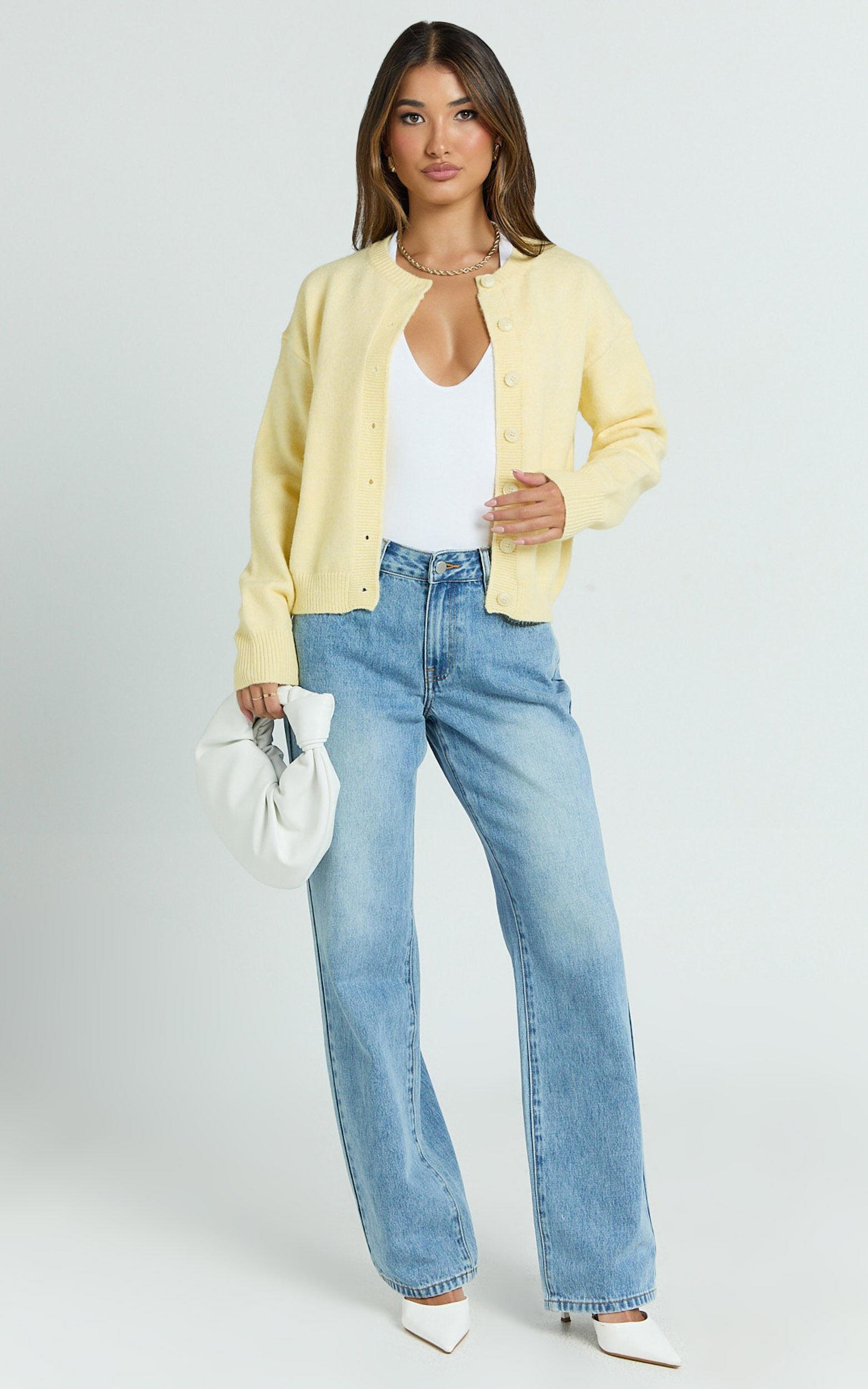 Lucille Cardigan - Button Through Scoop Neck Knit Cardigan in Lemon Product Image