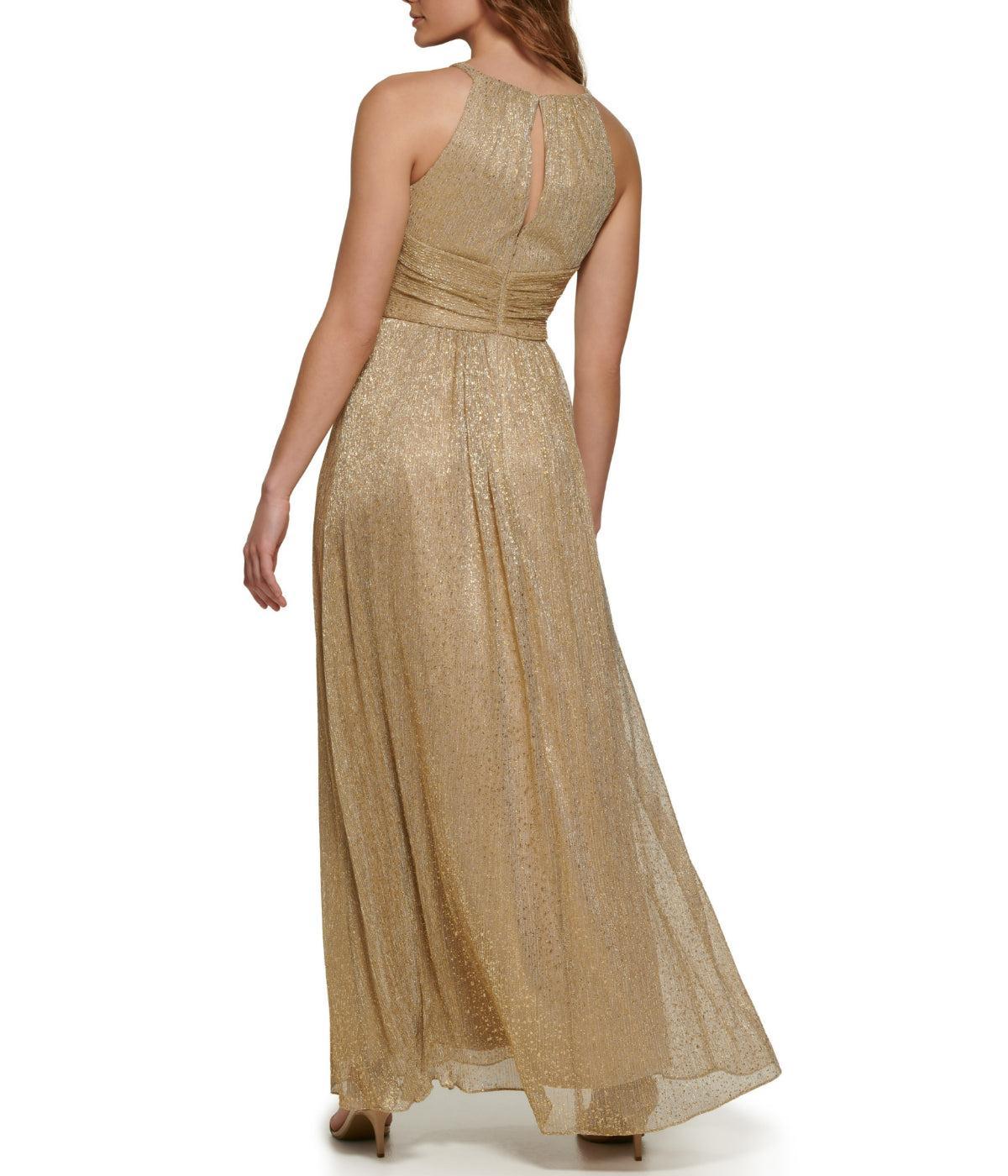 Shirred Halter Gown With Waistband Gold Product Image