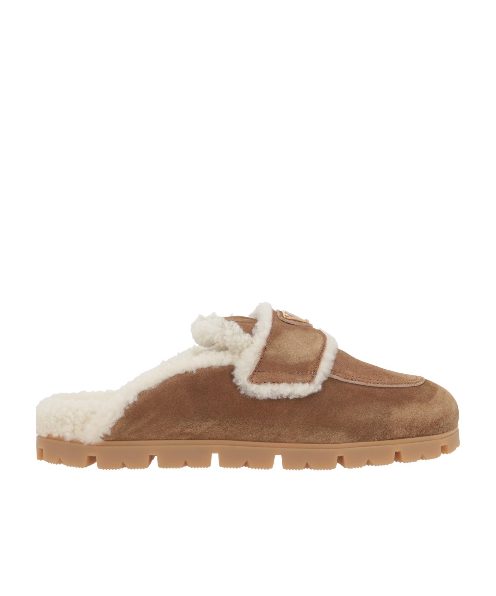 PRADA Suede Shearling Cozy Loafer Mules In Brown Product Image