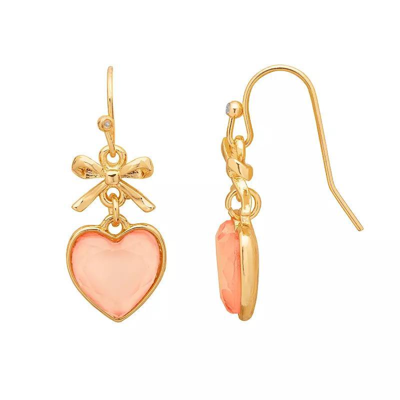 Emberly Gold Tone Peach Stone Heart & Bow Drop Earrings, Womens, Pink Product Image