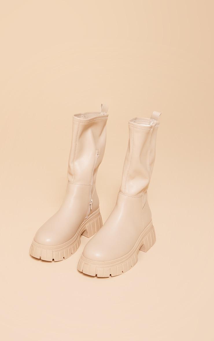 Beige Wide Fit PU Chunky Platform Calf High Boots Product Image