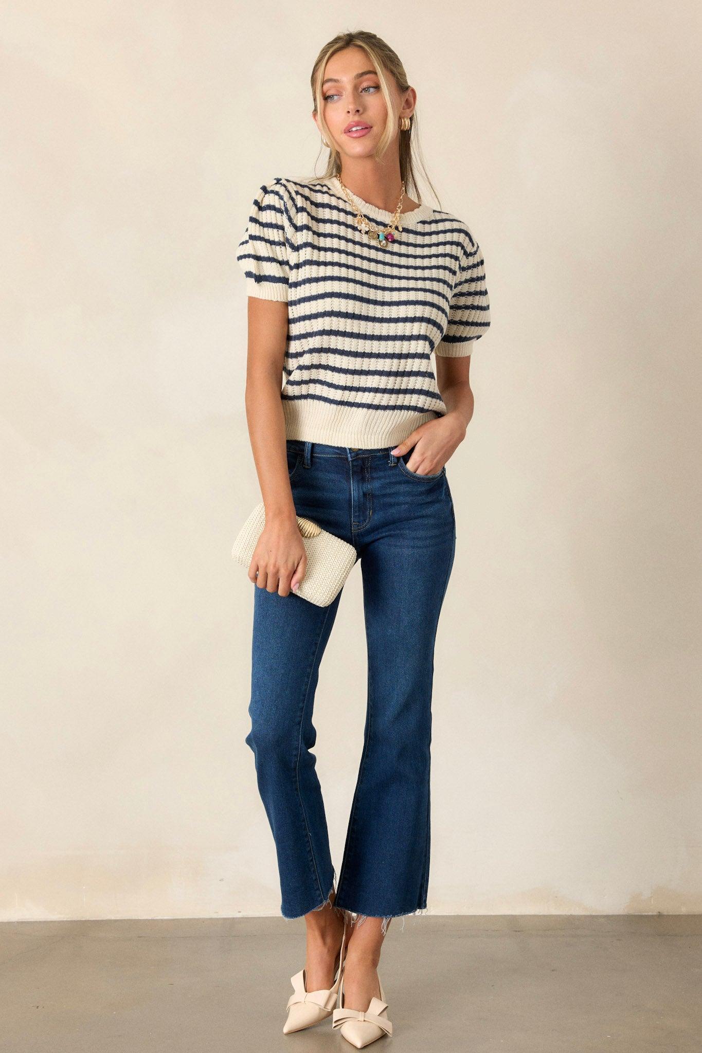 On A Ship Ivory Stripe Short Sleeve Sweater Product Image