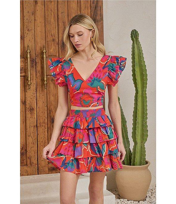 Sugarlips Kahlia Tropics Mavey V-Neck Ruffle Cap Sleeve Coordinating Crop Top Product Image