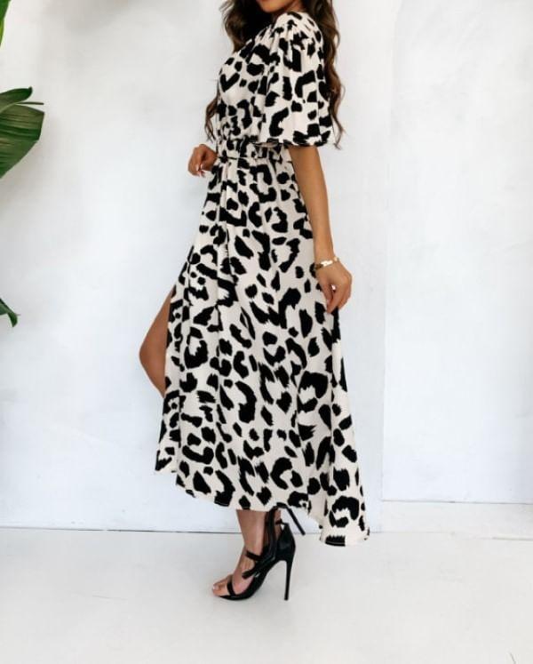 Elbow-Sleeve V-Neck Leopard Print Slit Midi A-Line Dress Product Image