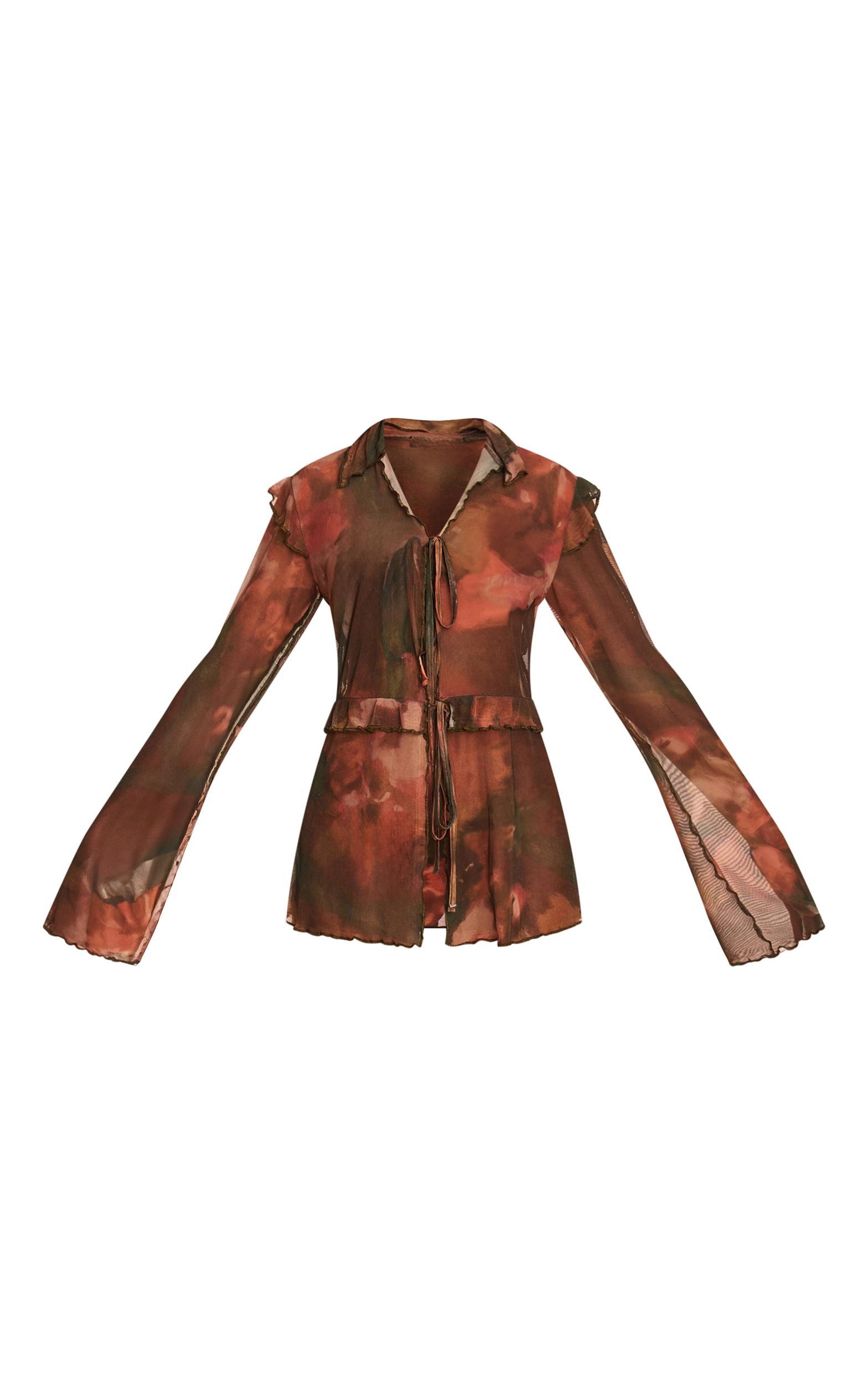 Multi Water Color Print Mesh Frilly Tie Front Beach Top Product Image