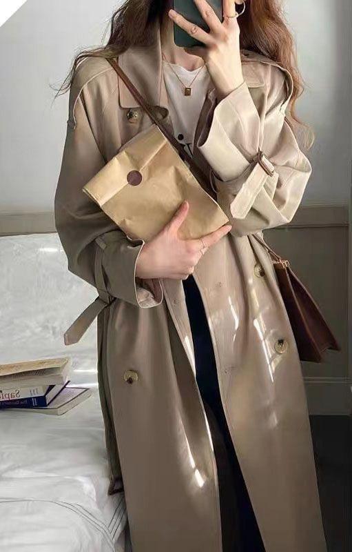 Collar Plain Midi Double-Breasted Trench Coat Product Image