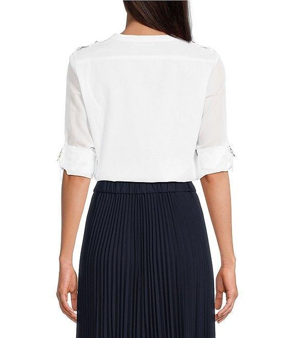 Calvin Klein Cotton Crew Neck Roll Tab Sleeve Button Front Blouse Product Image