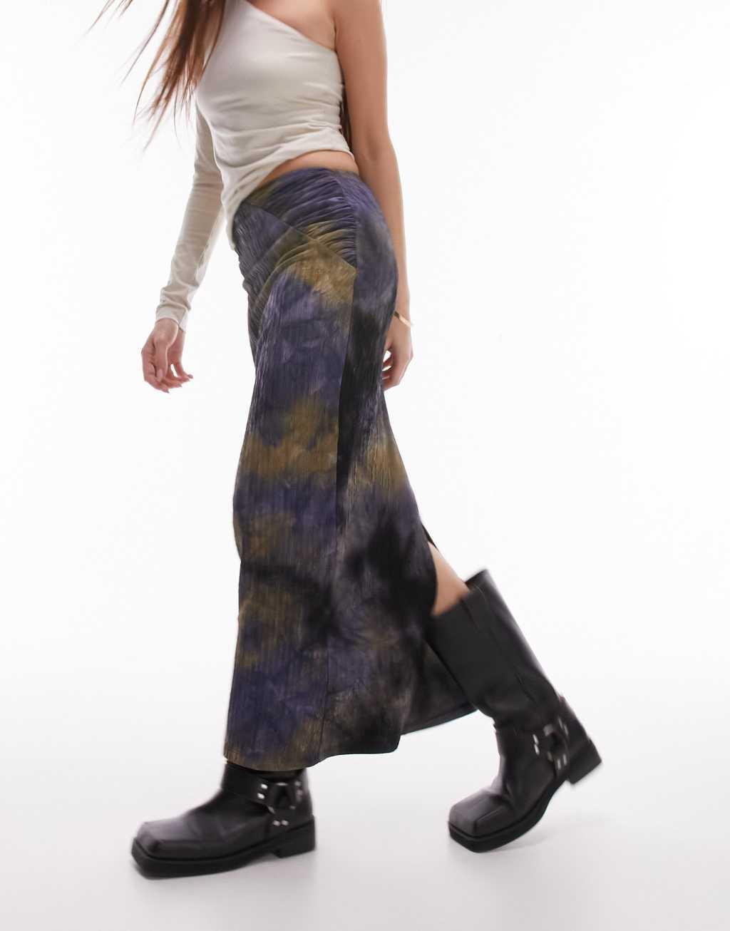 Topshop midi skirt in jersey textured with split front in blurred print Product Image