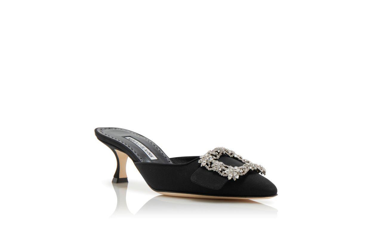 MAYSALE JEWEL Black Crepe De Chine Crystal Buckle Mules Product Image