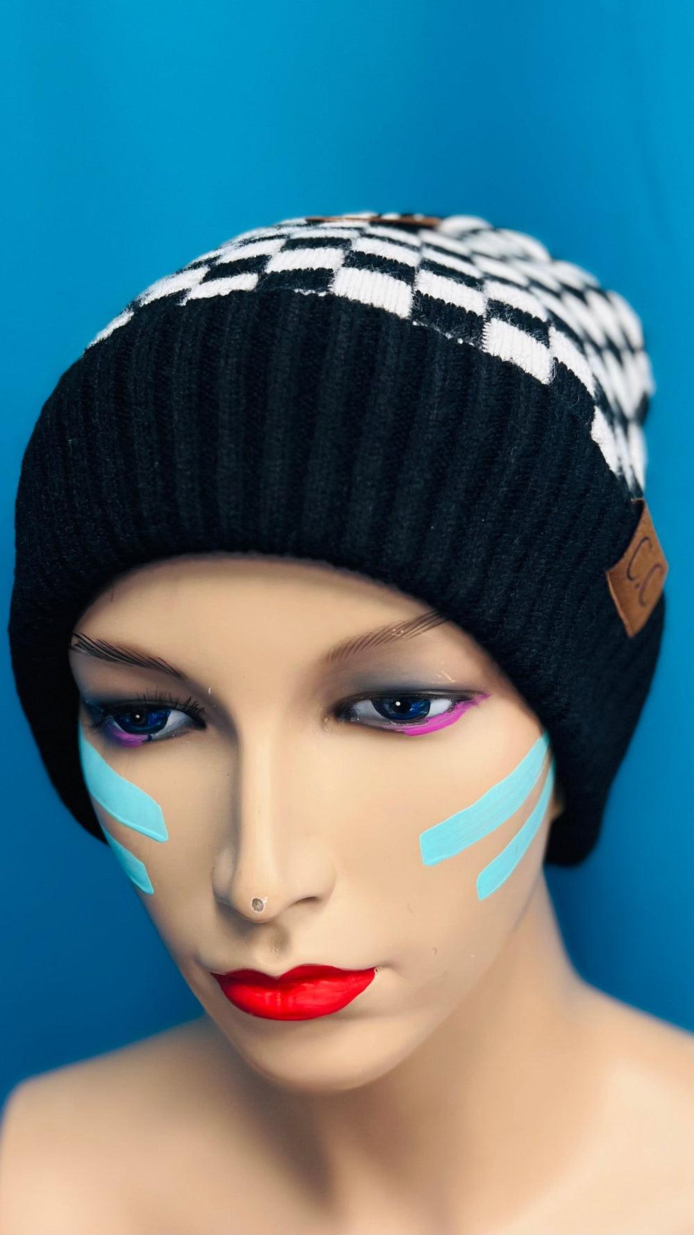 Black and White Checkered Beanie Product Image