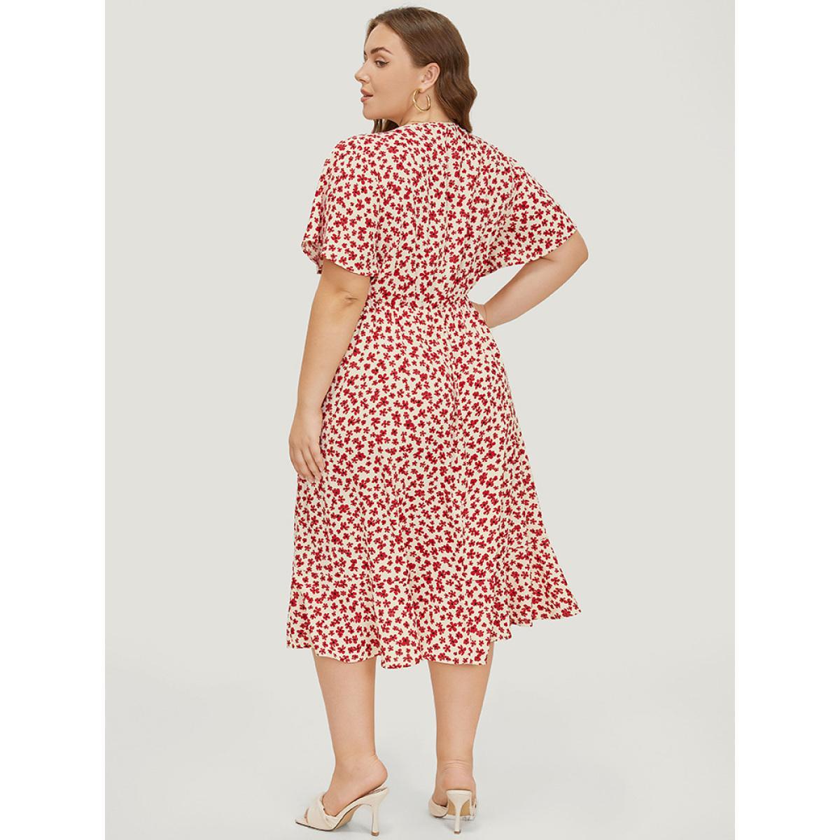 Plus Size Ditsy Floral Knot Front Pocket Ruffle Hem Dress Red Women Elegant Knotted V-neck Short sleeve Curvy Midi Dress BloomChic 30/6X Product Image