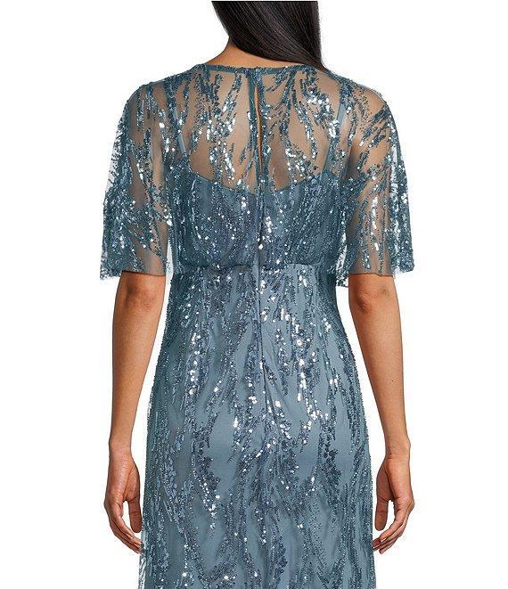 R & M Richards Sequin V-Neck Flutter Sleeve Sheer Capelet A-line Dress Product Image