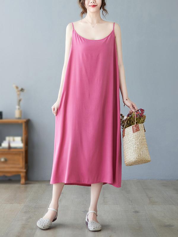 Loose Sleeveless Solid Color Spaghetti-Neck Midi Dresses Product Image
