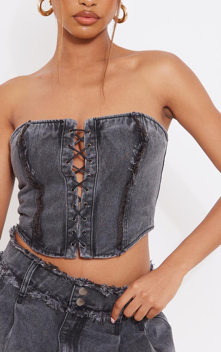 Washed Black Distressed Edge Lace Front Denim Corset Top Product Image