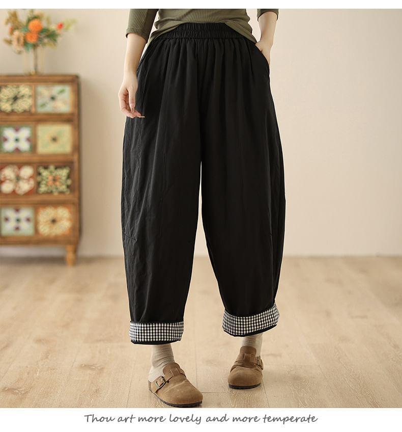 Elastic Waist Gingham Panel Cropped Baggy Pants Product Image