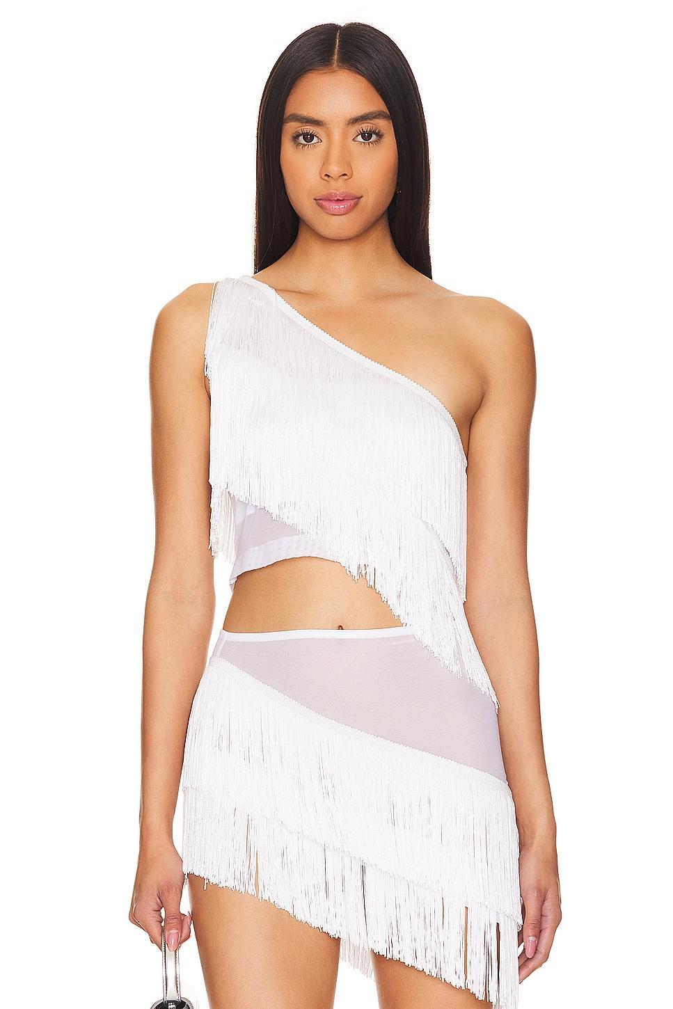 Spliced Cropped One Shoulder Fringe Top Norma Kamali Product Image