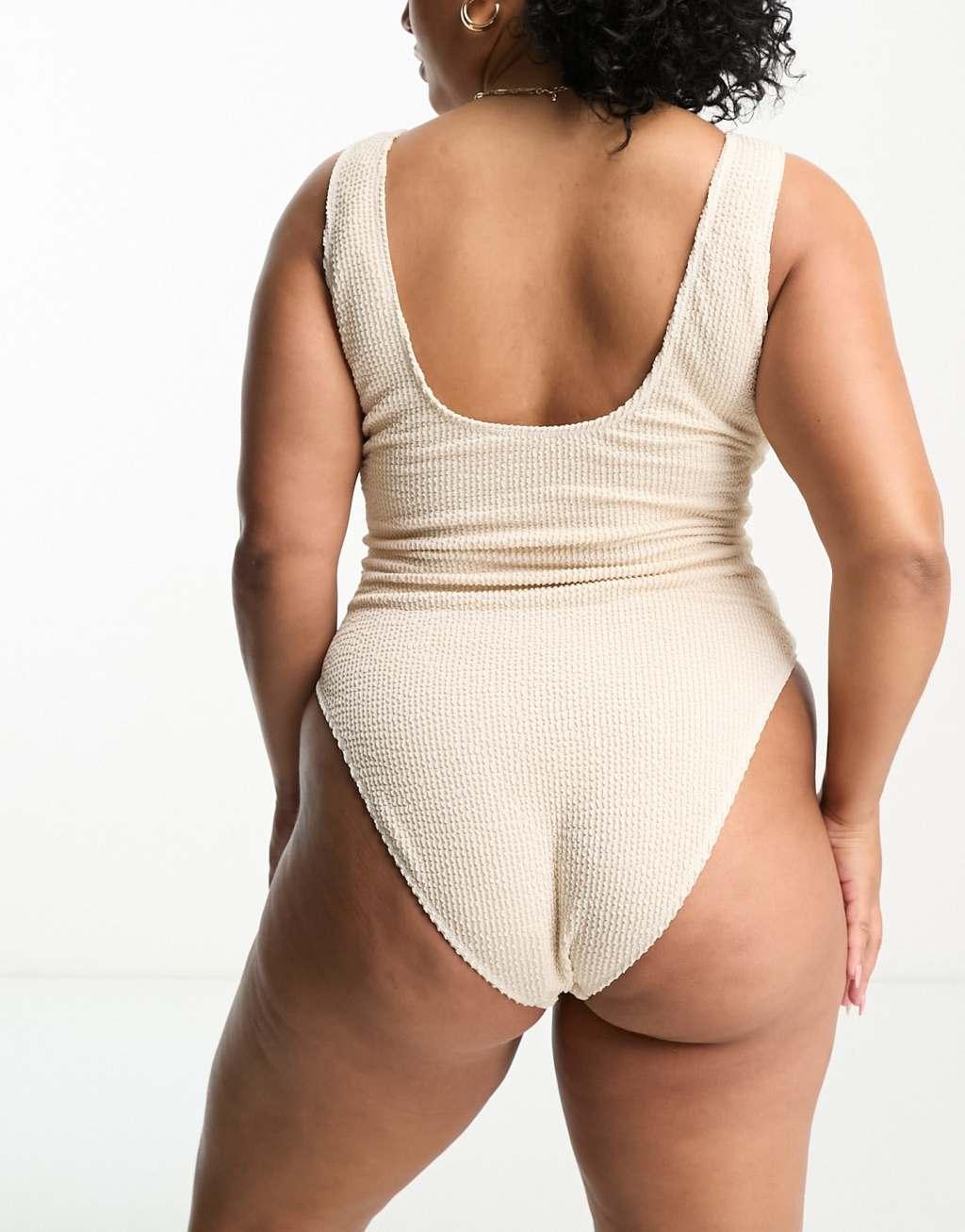 In The Style Plus crinkle square neck ring detail swimsuit in cream Product Image