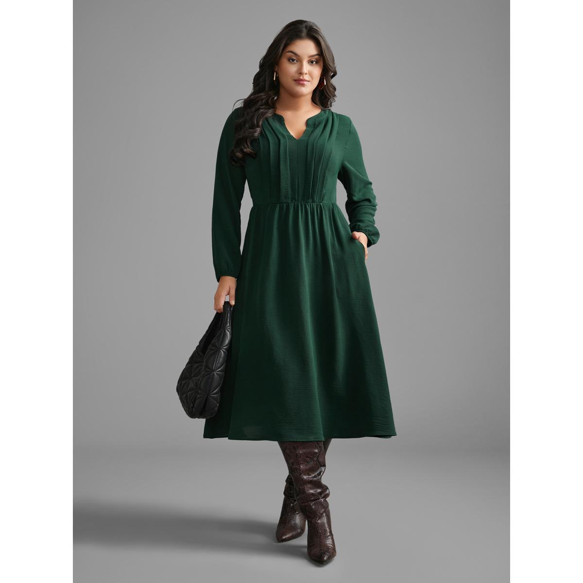Plus Size Plain Notched Pleated Midi Dress DarkGreen Women At the Office Pleated Flat collar Long Sleeve Curvy BloomChic 14-16/1X Product Image