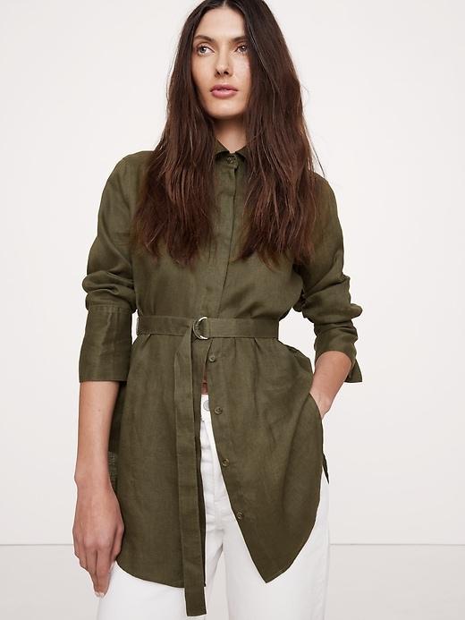 Linen Belted Tunic Shirt Product Image
