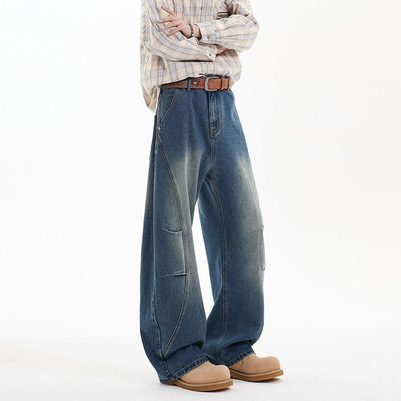 Mid Rise Paneled Washed Wide Leg Jeans Product Image