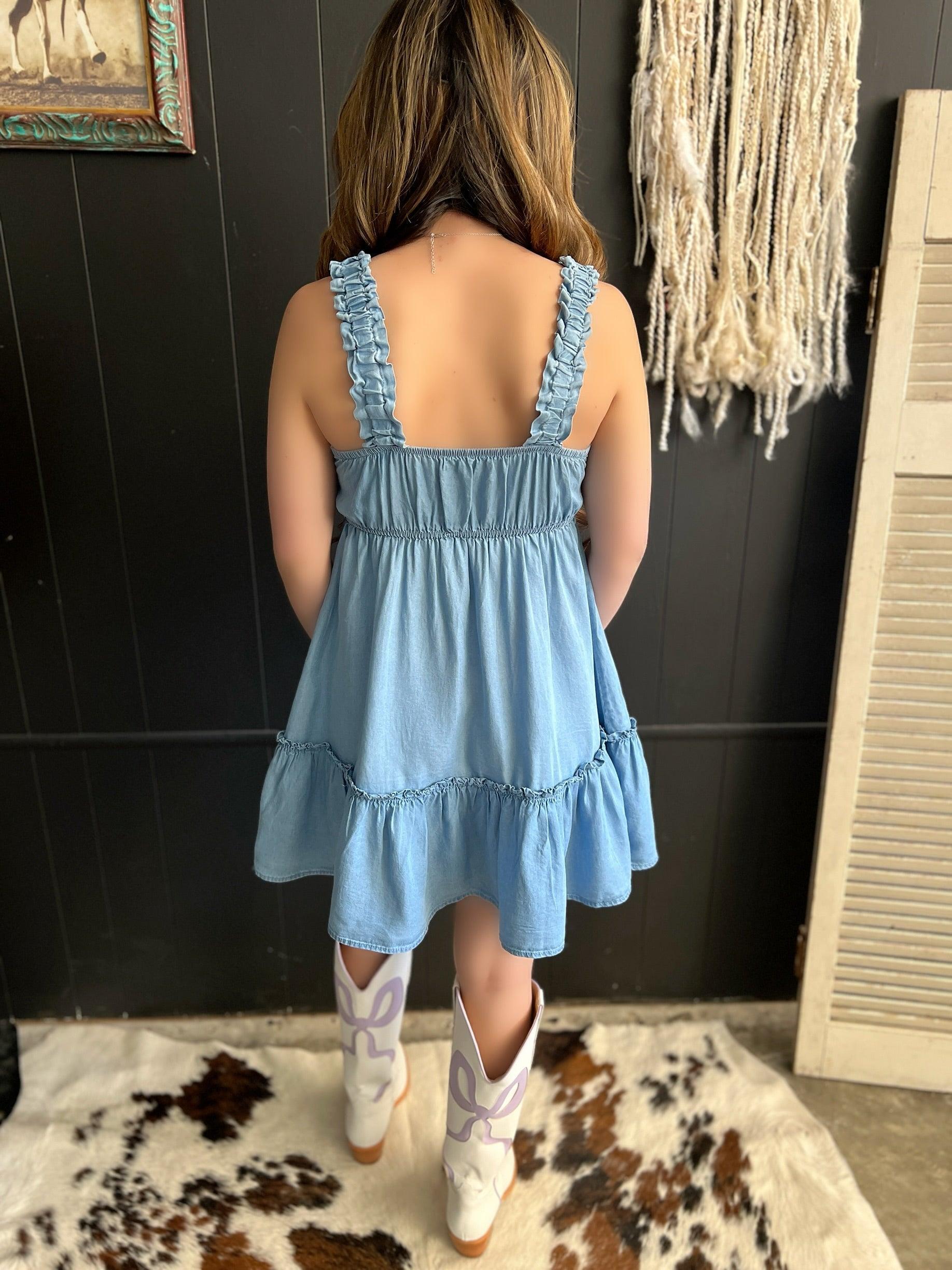 Chambray Denim Ruffle Mini Dress Product Image