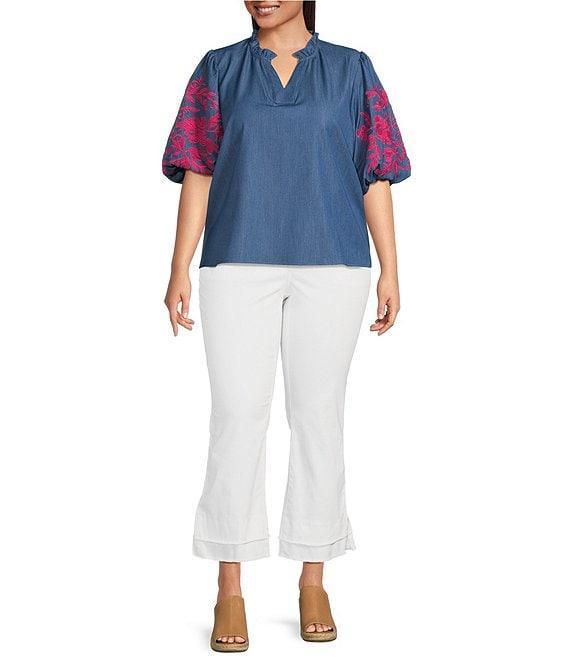 Calessa Plus Size Embroidered Elbow Sleeve Split V-Neck Tunic Product Image