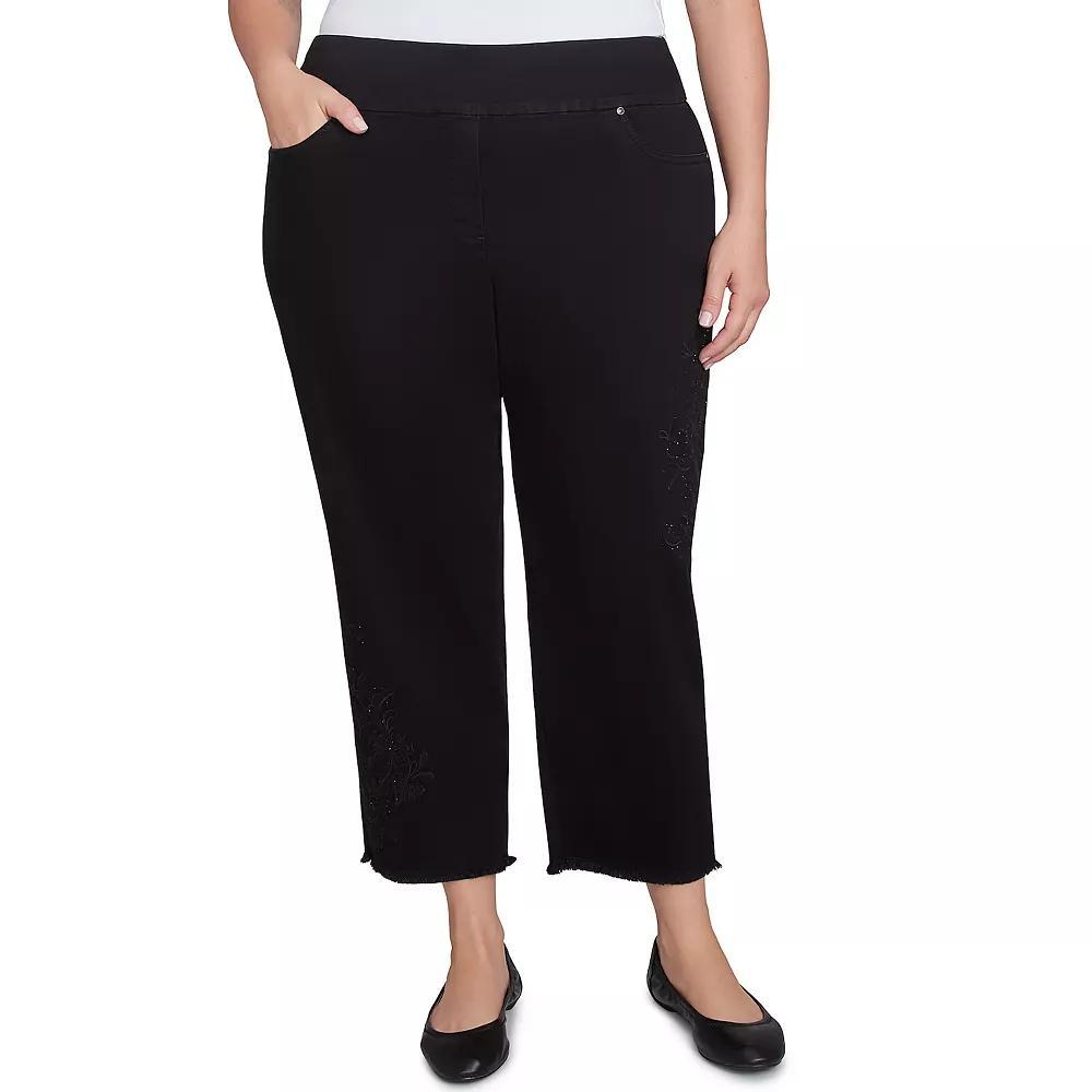 Plus Size Alfred Dunner Embroidered Floral Denim Fringe Ankle Pants, Women's, Size: 22 W, Black Product Image