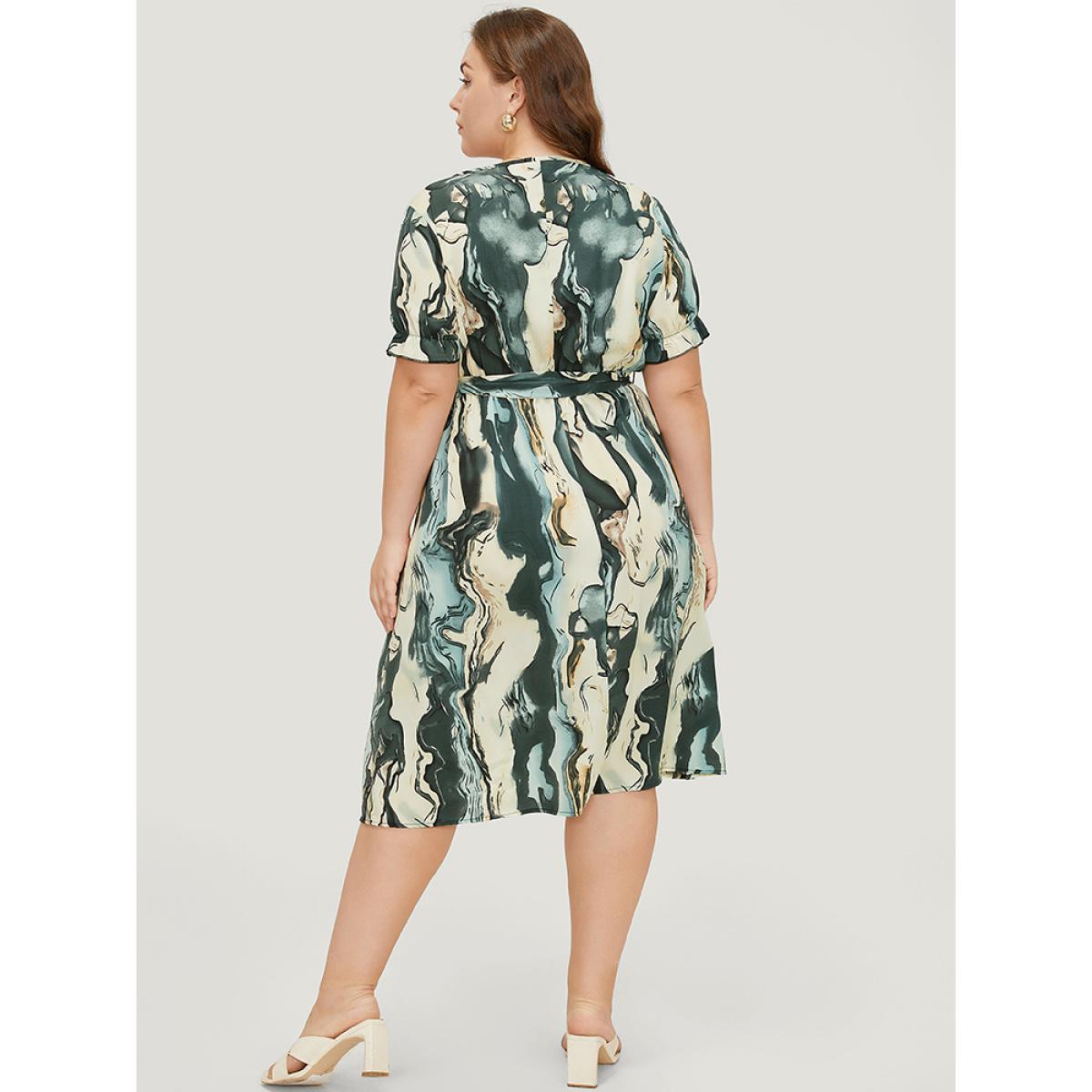 Plus Size Water Ripple Pocket Belt Puff Sleeve Dress Multicolor Women Elegant Round Neck Short sleeve Curvy Midi Dress BloomChic 10/M Product Image