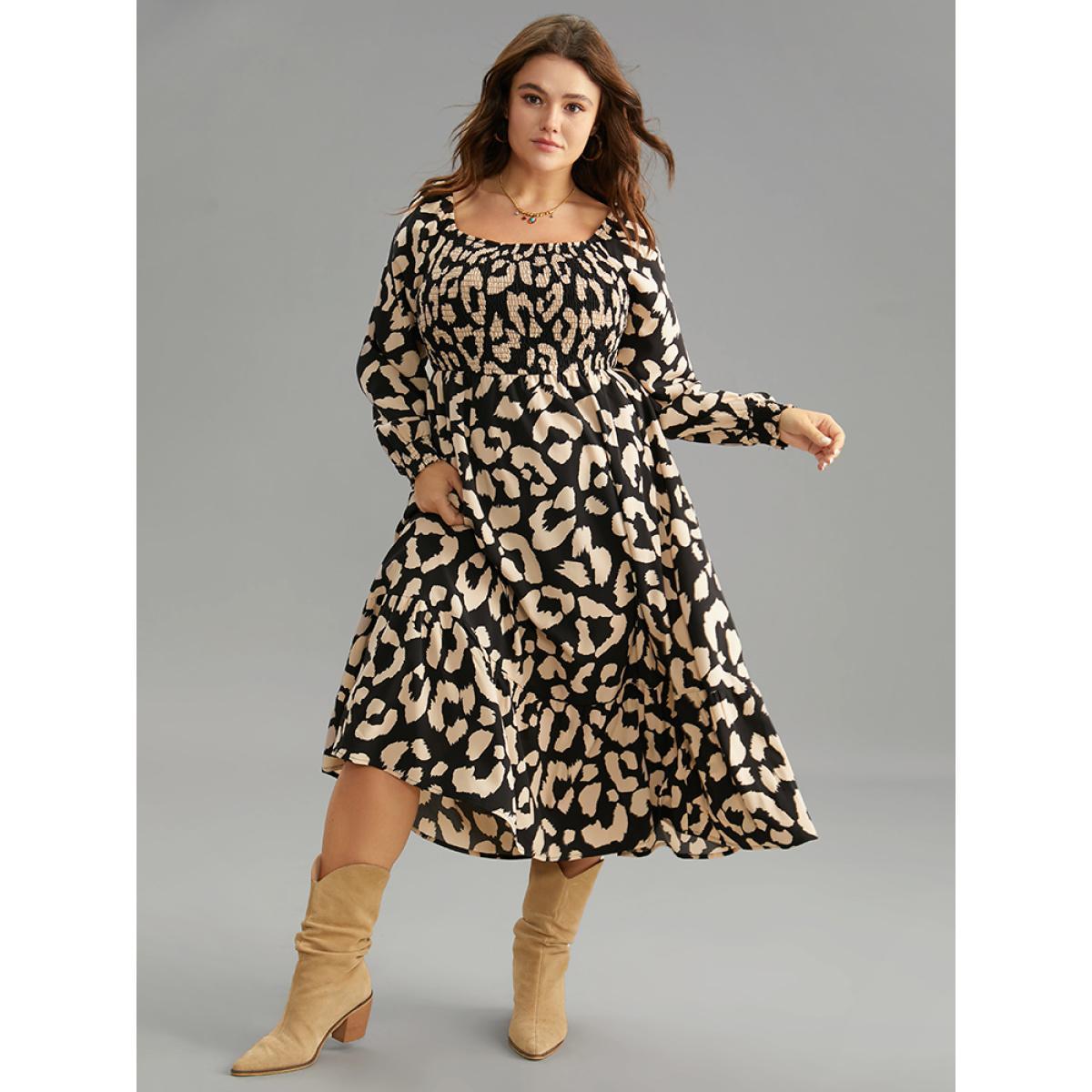 Plus Size Leopard Shirred Square Neck Lantern Sleeve Dress Black Women At the Office Printed Square Neck Long Sleeve Curvy Midi Dress BloomChic 18-20/2X Product Image