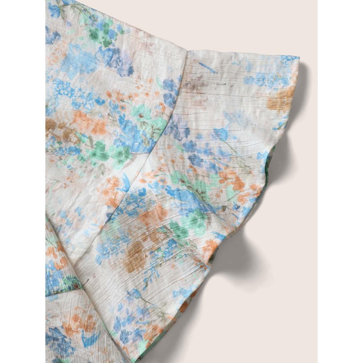 Plus Size LightBlue Floral Bell Sleeve Ruffle Trim Blouse Women Elegant Elbow-length sleeve V-neck Everyday Blouses BloomChic 28/5X Product Image