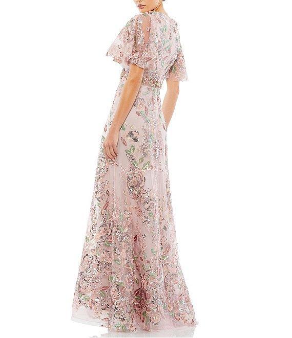 Mac Duggal Embellished Mesh Floral Print V Neck Short Sleeve A-Line Gown Product Image