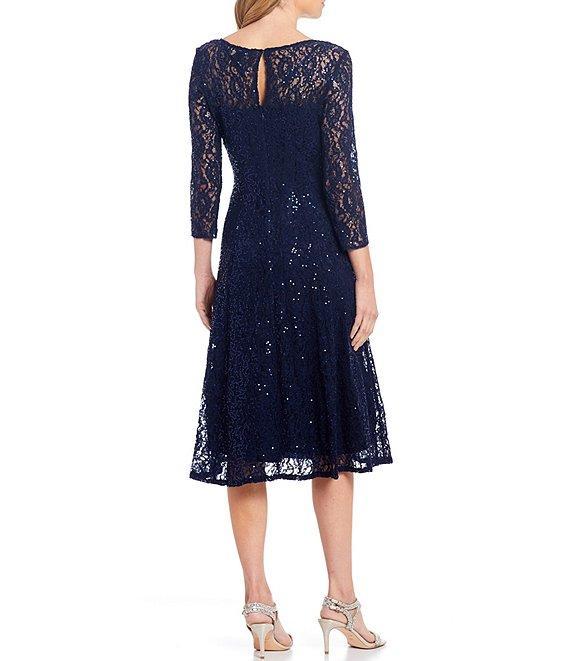 Ignite Evenings Sequin Lace Round Neck 3/4 Sleeve Midi Dress Product Image