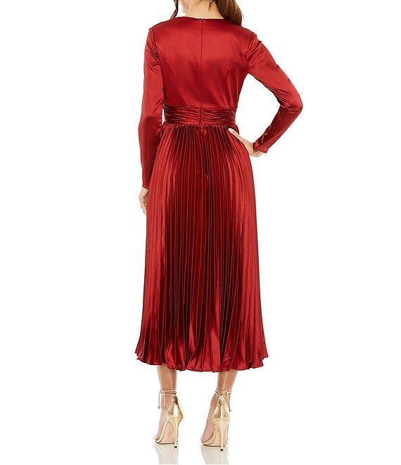 Mac Duggal Pleated Satin V-Neck Long Sleeve Fit and Flare Midi Dress Product Image