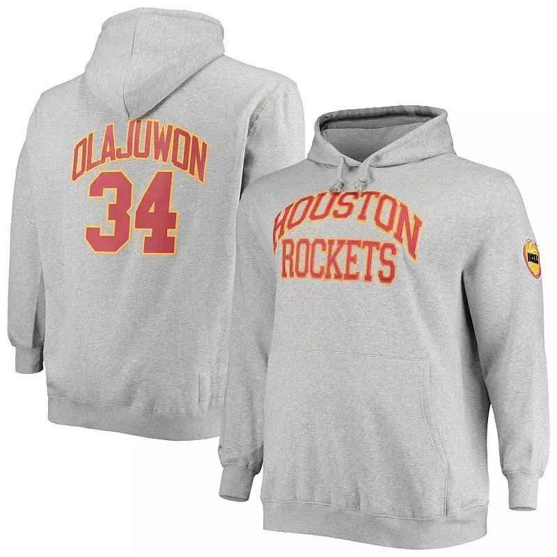 Men's Mitchell & Ness Hakeem Olajuwon Heathered Gray Houston Rockets Big & Tall Name & Number Pullover Hoodie, Size: 5XB, Grey Product Image