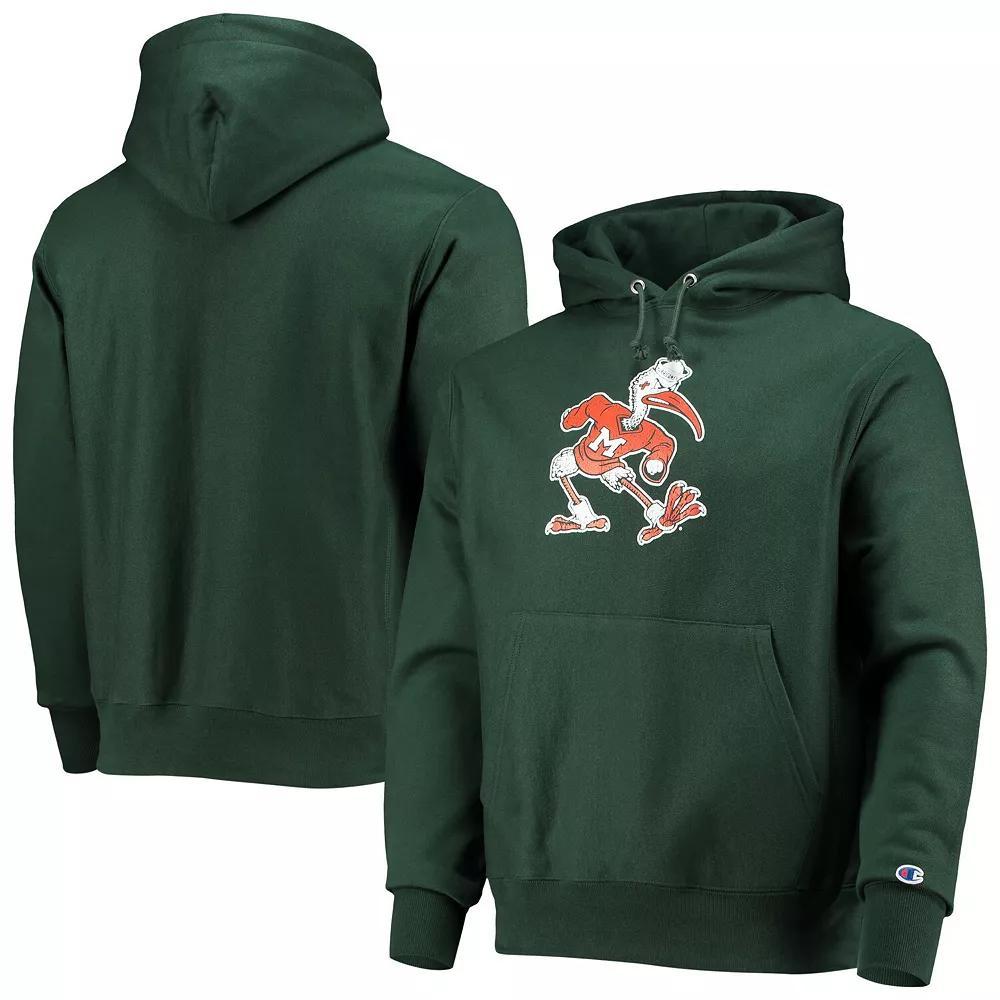 Men's Champion Green Miami Hurricanes Vault Logo Reverse Weave Pullover Hoodie,  Product Image