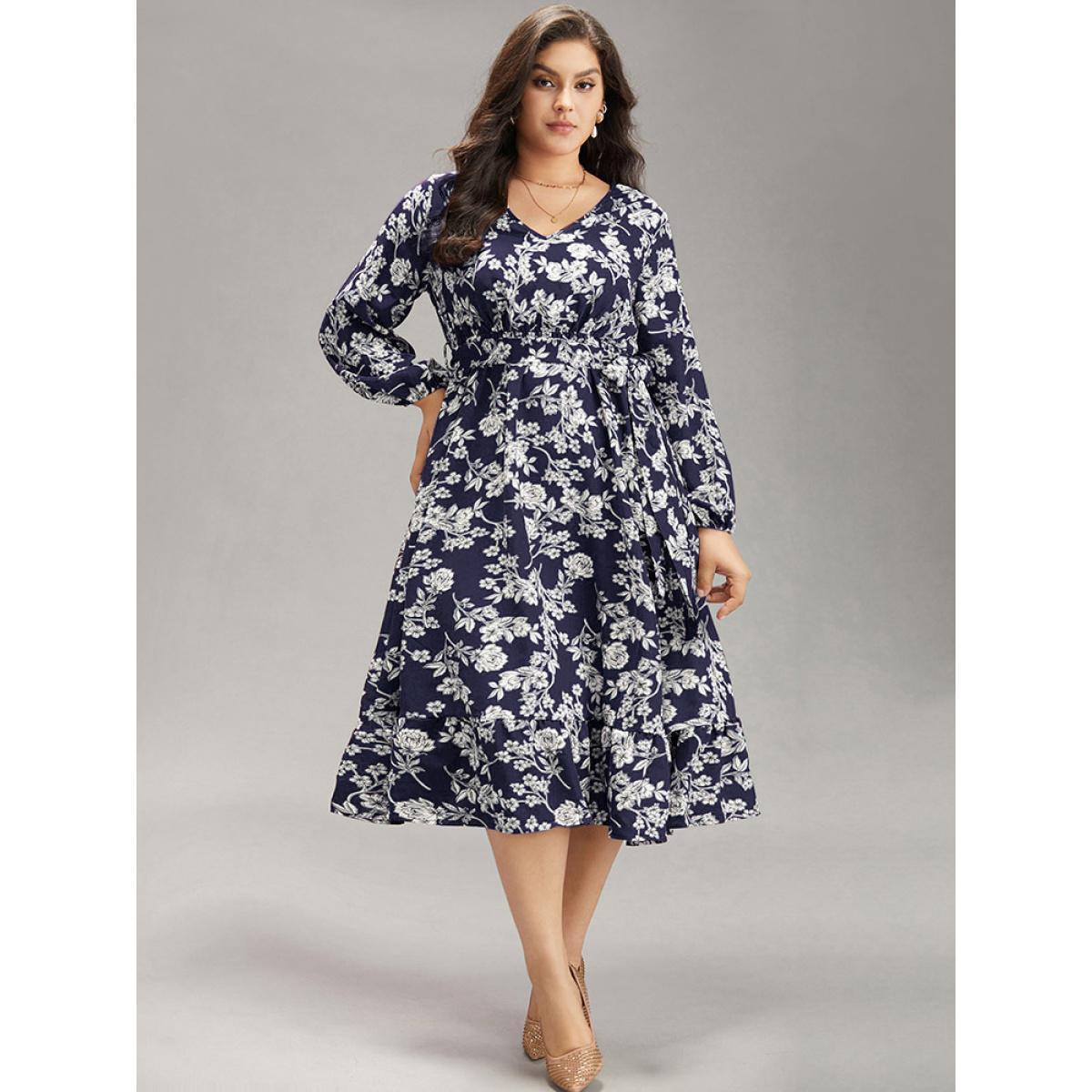Plus Size Floral Print Elastic Cuffs Ruffle Hem Dress DarkBlue Women Elegant Elastic cuffs V-neck Long Sleeve Curvy Midi Dress BloomChic 10/M Product Image