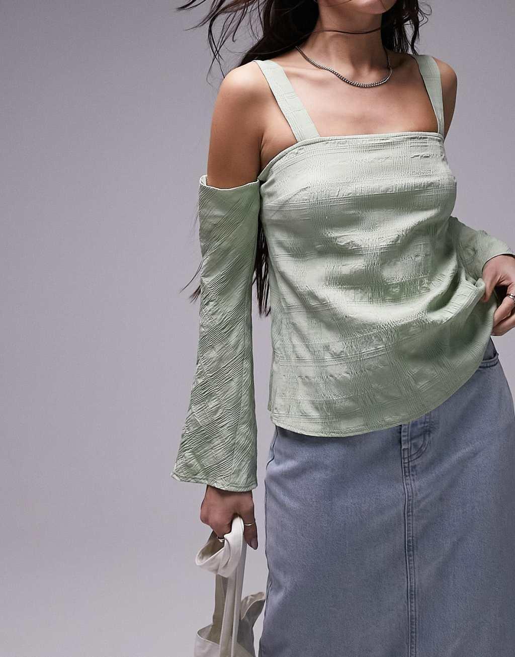 Topshop textured cold shoulder top in sage green Product Image